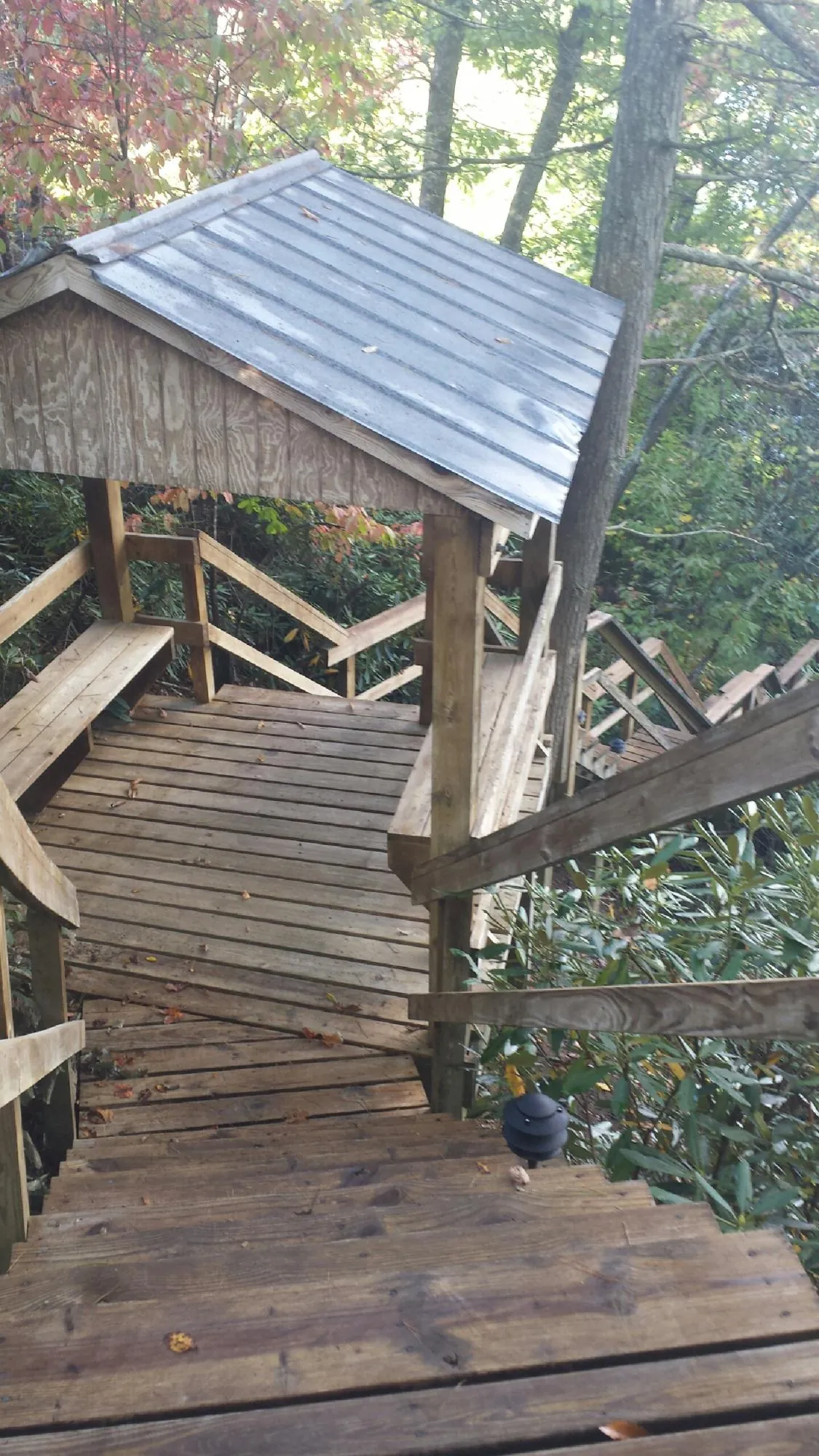 Metal roofed shelter over wooden steps on a wooded walkway — Skylight Repair & Installation work by our crew in Bonfield
